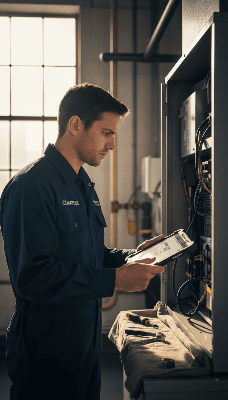 Field technician using mobile tablet during on-site service call