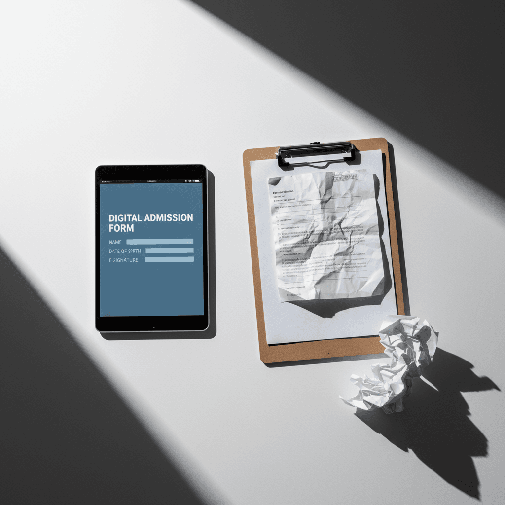 Digital form on tablet next to discarded paper clipboard