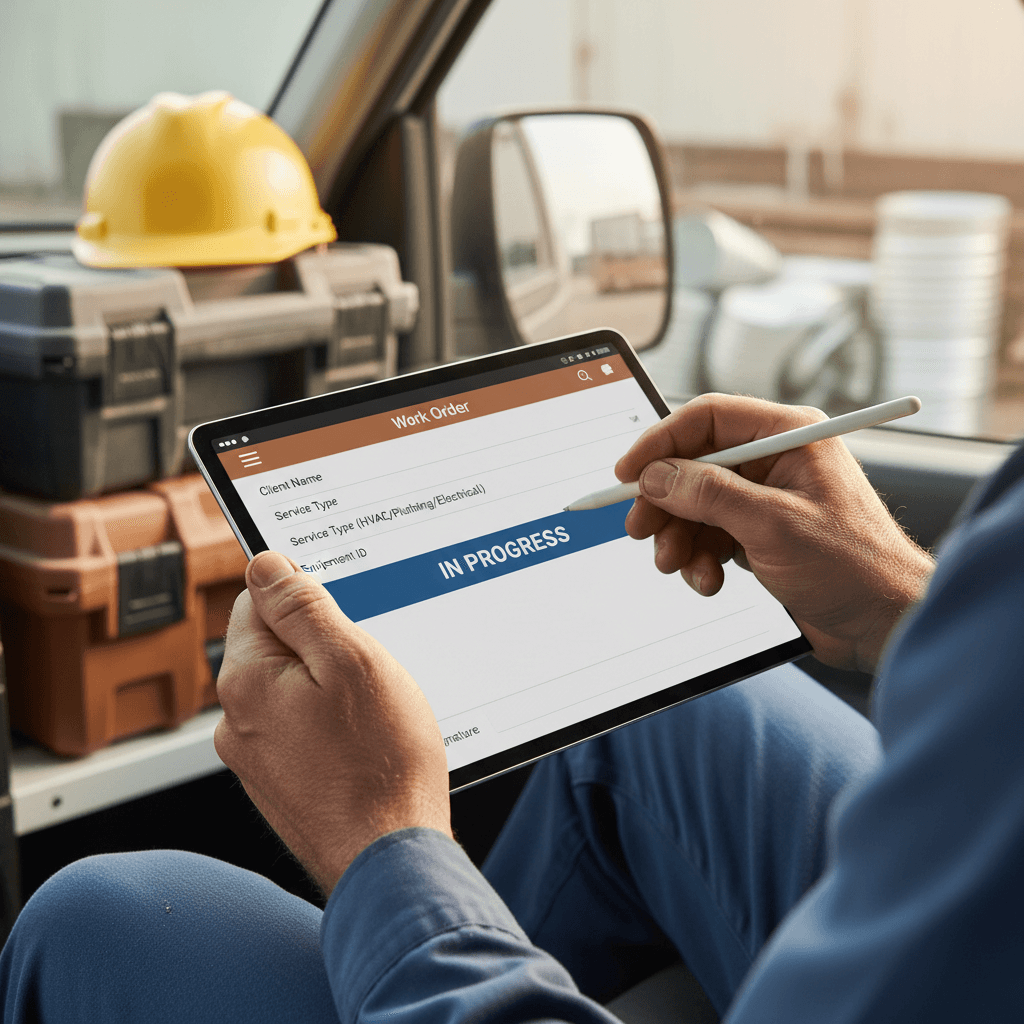 Technician completing a mobile form on tablet during service call