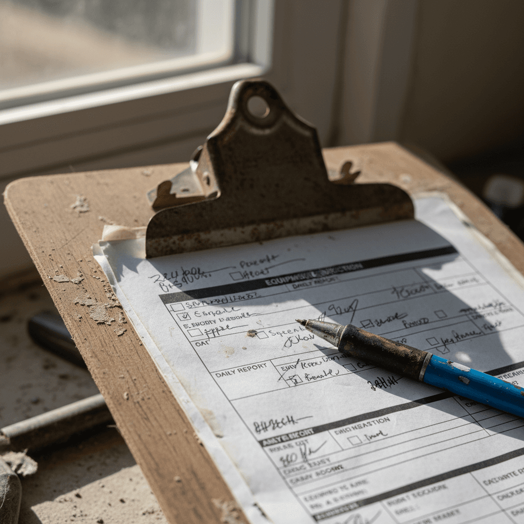 Worn paper forms on a field service clipboard