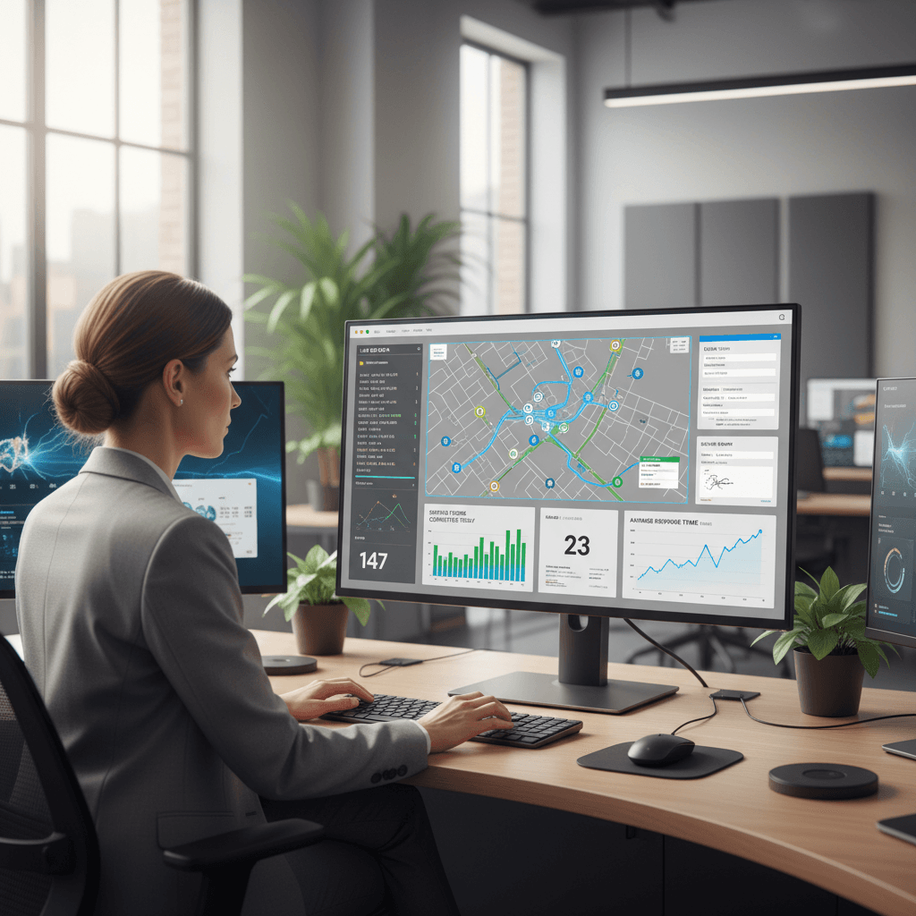 Manager viewing real-time field service data on dashboard