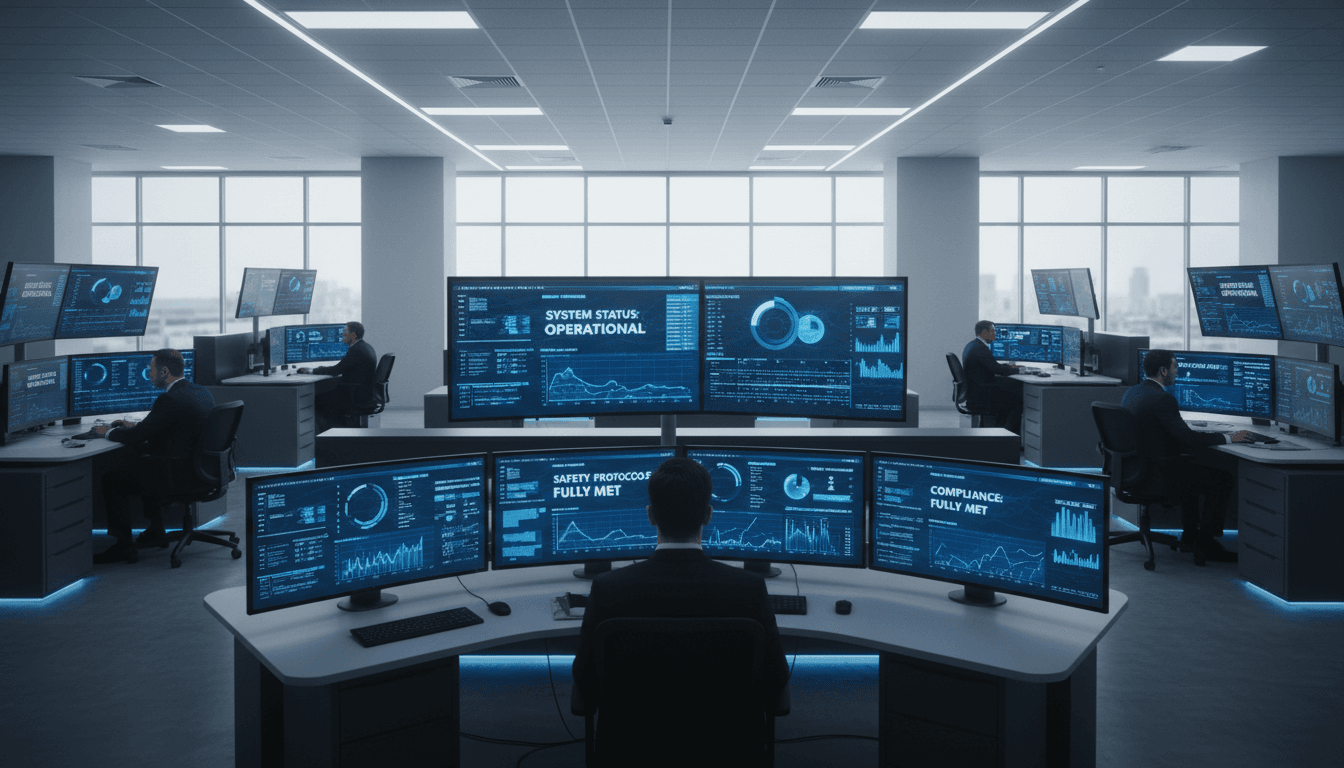 Field service team reviewing digital workflow dashboard together