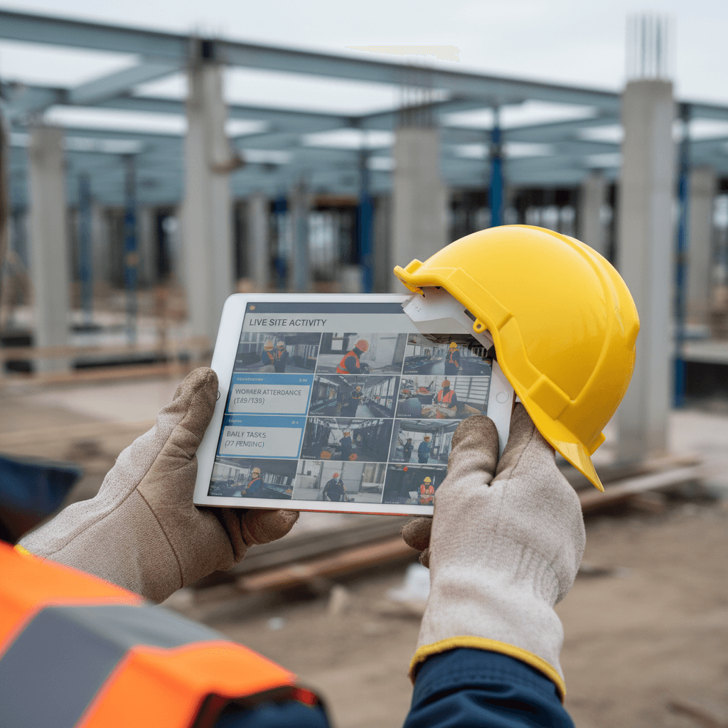 Field technician reviewing digital forms on tablet